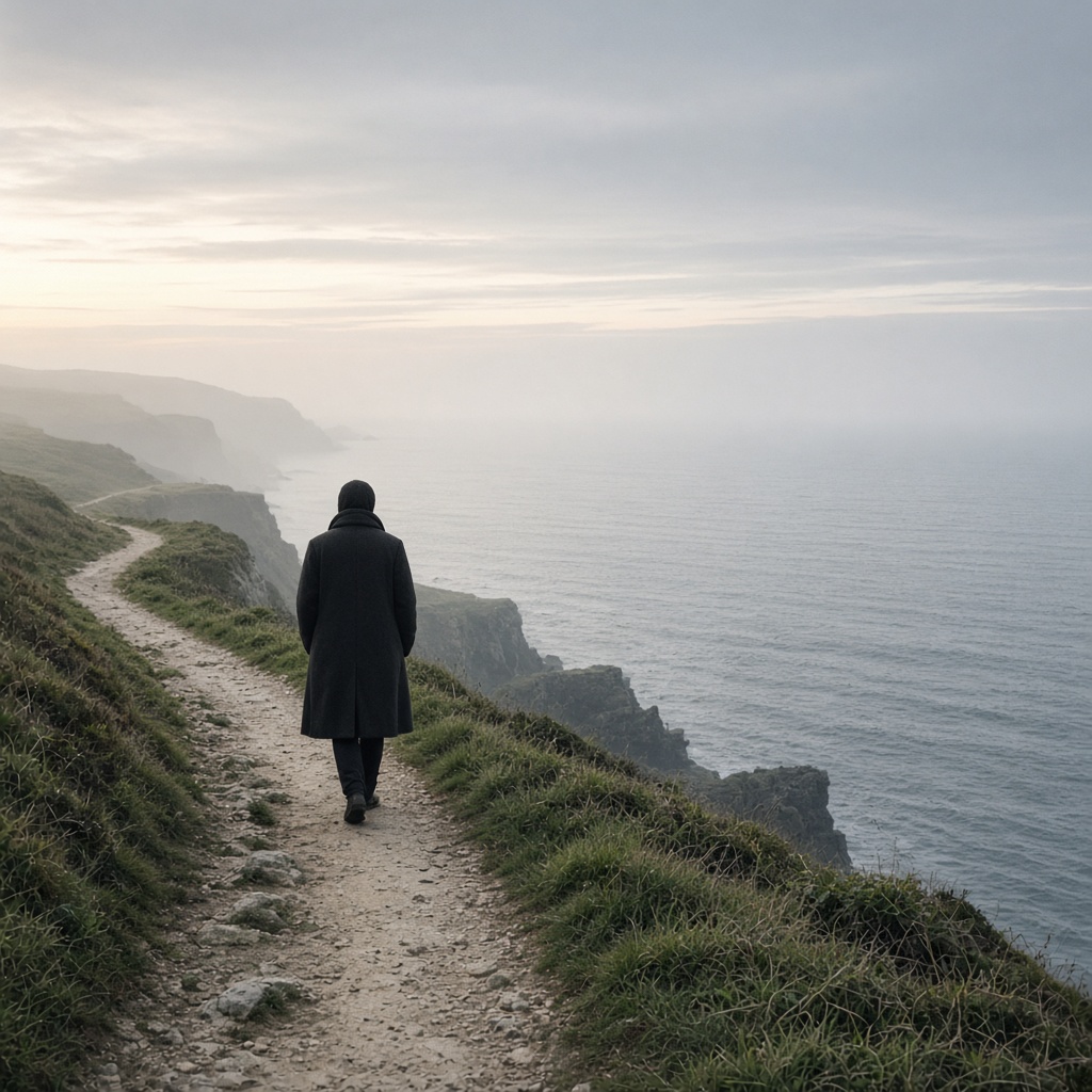 A person walking a misty coastal path at dawn