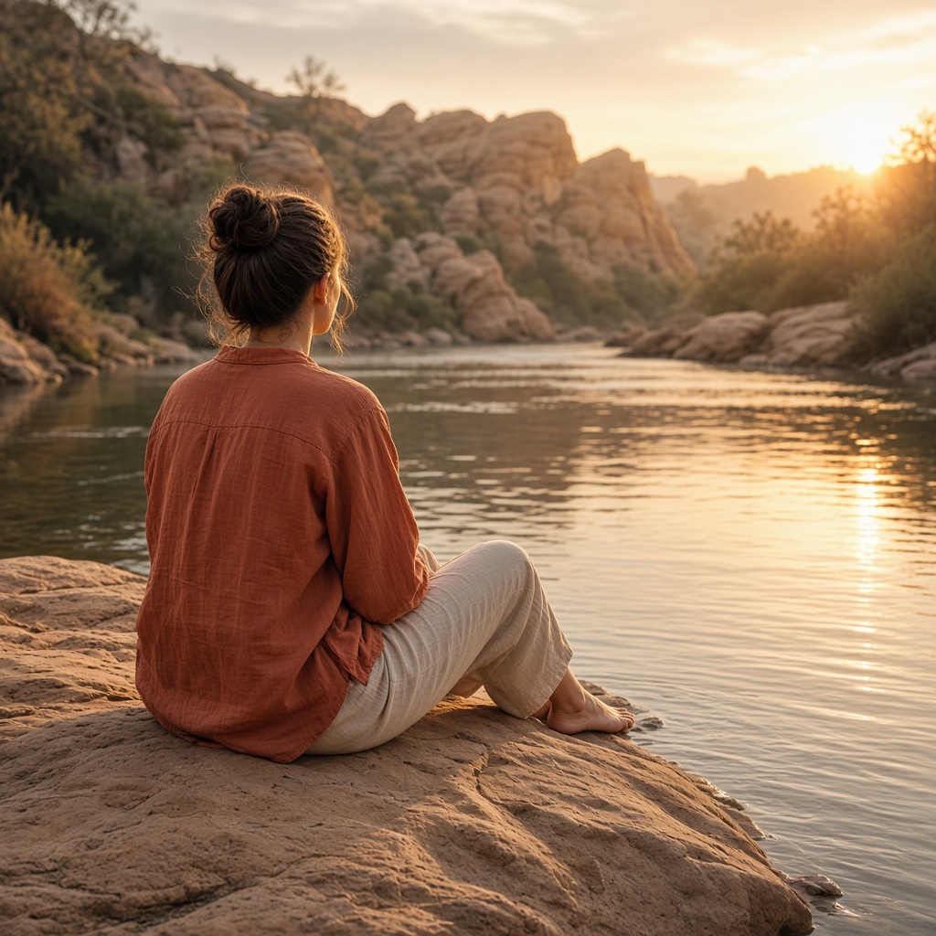 A person sitting beside a river in warm morning light