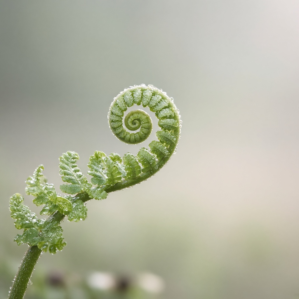 A young fern unfurling in morning mist