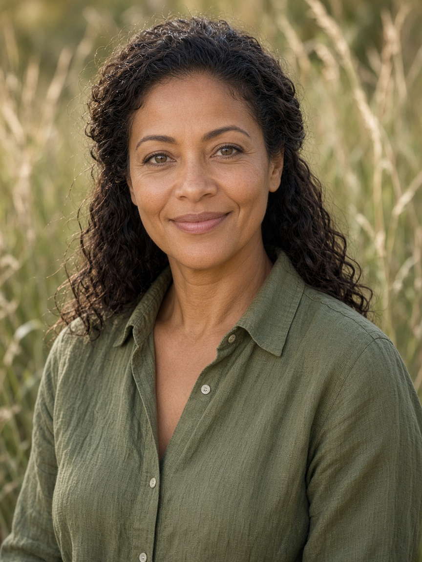 Mara Ellison, standing in a meadow in an olive linen shirt